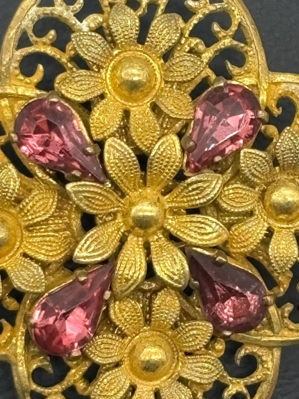 Vintage Czech Filigree Brooch Gold Tone Teardrop Pink Rhinestones Trombone Clasp